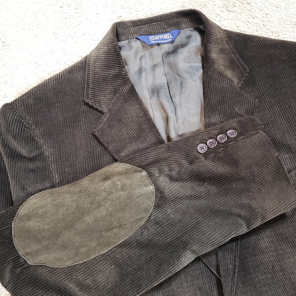 Stafford 42R Classic Fit Brown Corduroy Blazer Sport Coat Elbow Patch Smoking